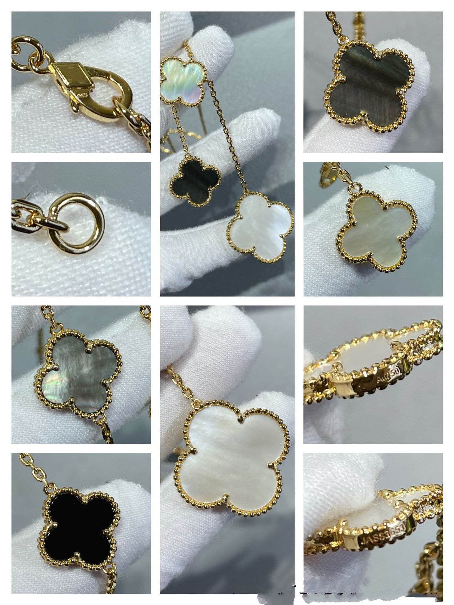 [AuraEcho Jewelry]CLOVER 6 MOTIF MOP ONYX GOLD NECKLACE