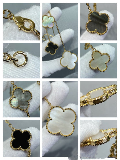 [AuraEcho Jewelry]CLOVER 6 MOTIF MOP ONYX GOLD NECKLACE