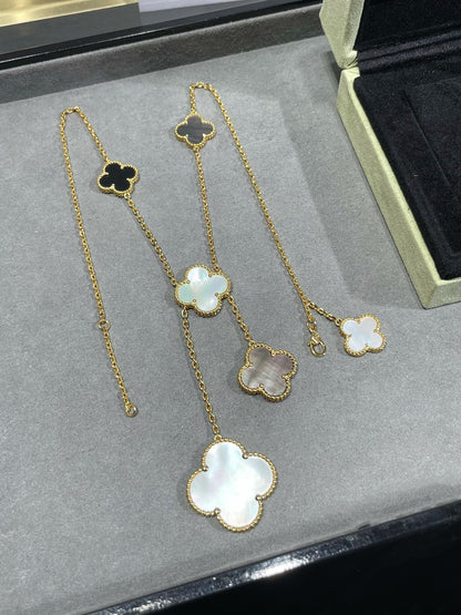 [AuraEcho Jewelry]CLOVER 6 MOTIF MOP ONYX GOLD NECKLACE