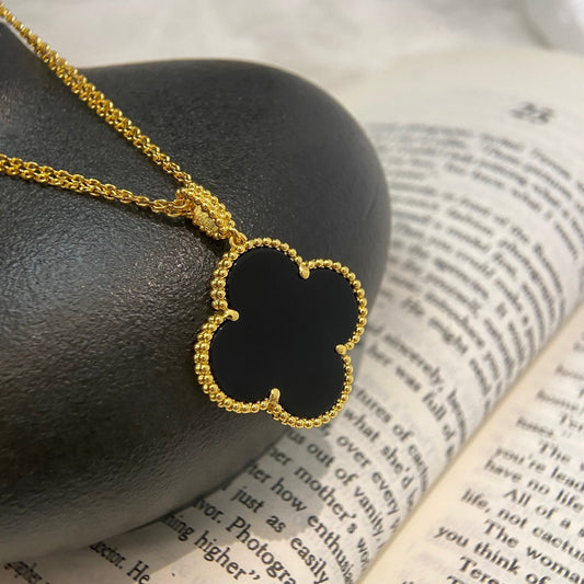 [AuraEcho Jewelry]CLOVER 25MM NECKLACE GOLD ONYX
