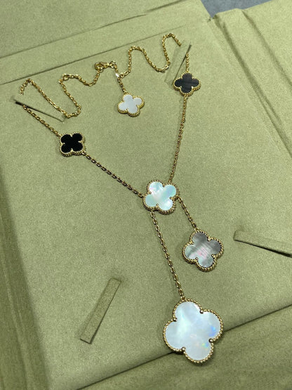 [AuraEcho Jewelry]CLOVER 6 MOTIF MOP ONYX GOLD NECKLACE
