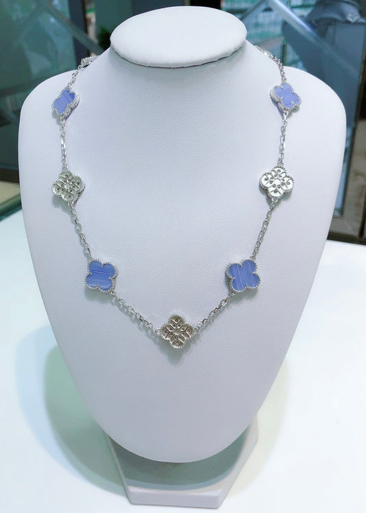 [AuraEcho Jewelry]CLOVER 10 MOTIFS CHALCEDONY DIAMONDS SILVER NECKLACE
