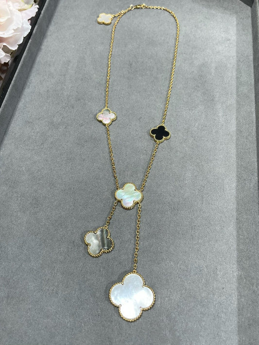 [AuraEcho Jewelry]CLOVER 6 MOTIF MOP ONYX GOLD NECKLACE