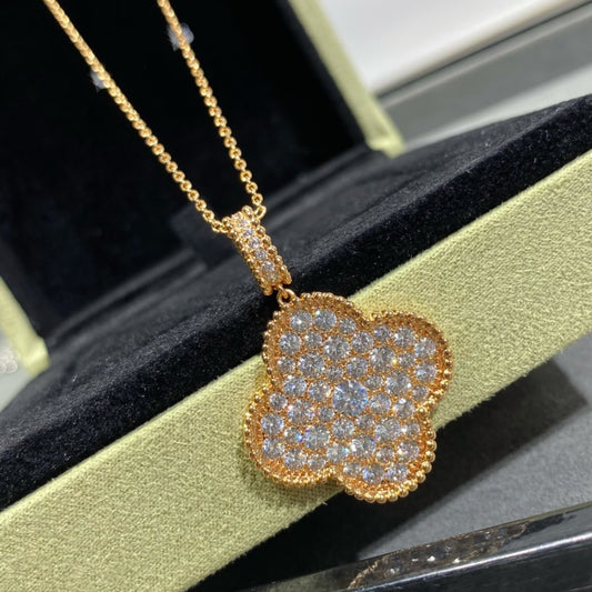 [AuraEcho Jewelry]CLOVER 25MM LARGE PEDANT DIAMOND PAVED LONG NECKLACE