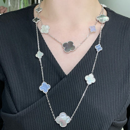 [AuraEcho Jewelry]CLOVER 16 MOTIF CHALCEDONY MOP SILVER NECKLACE