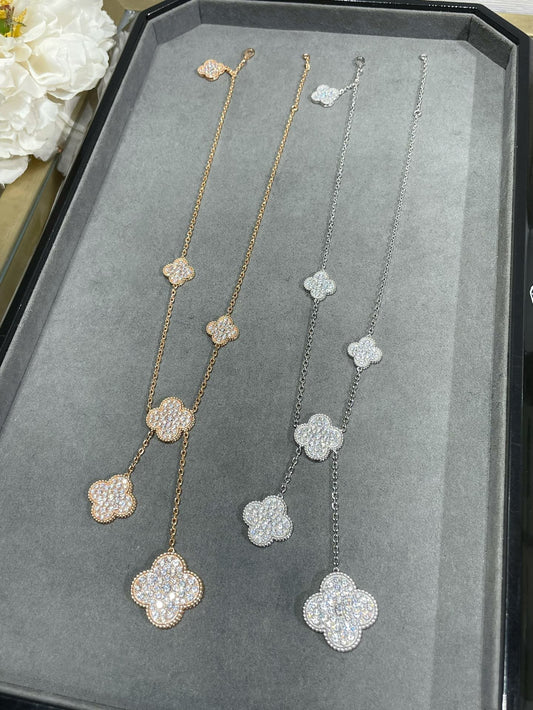 [AuraEcho Jewelry]CLOVER 6 MOTIF DIAMOND PAVED NECKLACE