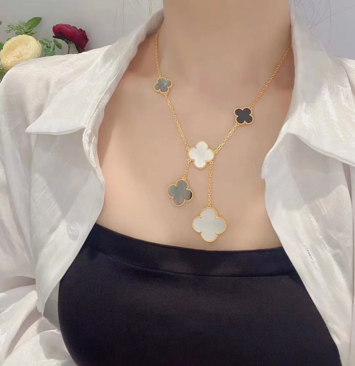 [AuraEcho Jewelry]CLOVER 6 MOTIF MOP ONYX GOLD NECKLACE