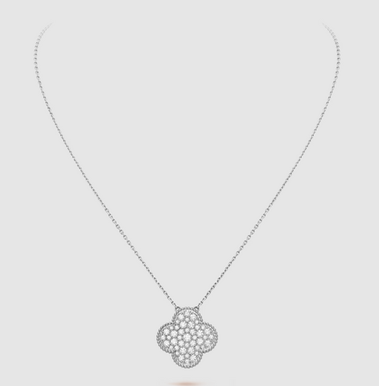 [AuraEcho Jewelry]CLOVER 25MM LARGE PENDANT DIAMOND PAVED SILVER NECKLACE