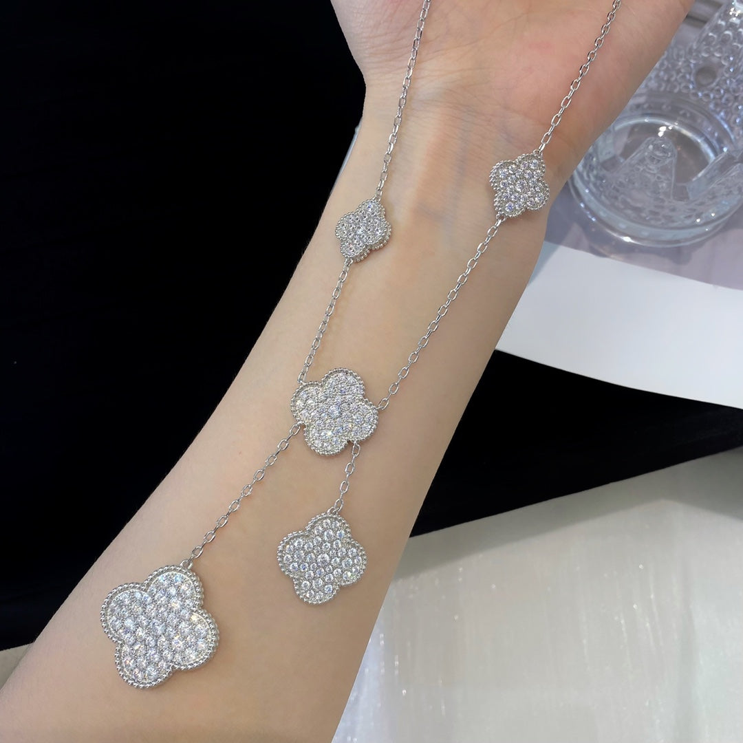 [AuraEcho Jewelry]CLOVER 5 MOTIFS SILVER DIAMONDS NECKLACE
