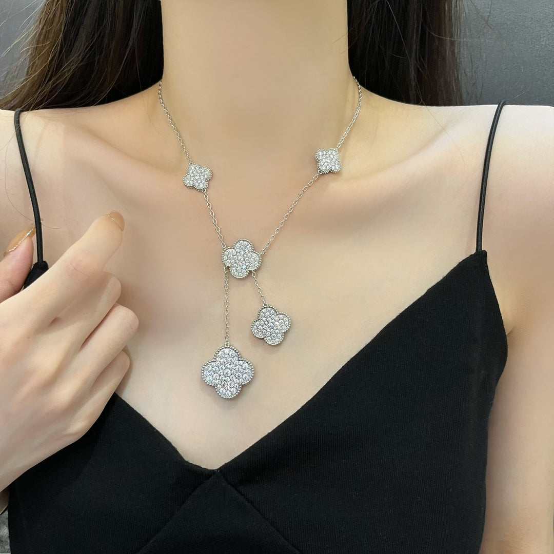 [AuraEcho Jewelry]CLOVER 5 MOTIFS SILVER DIAMONDS NECKLACE