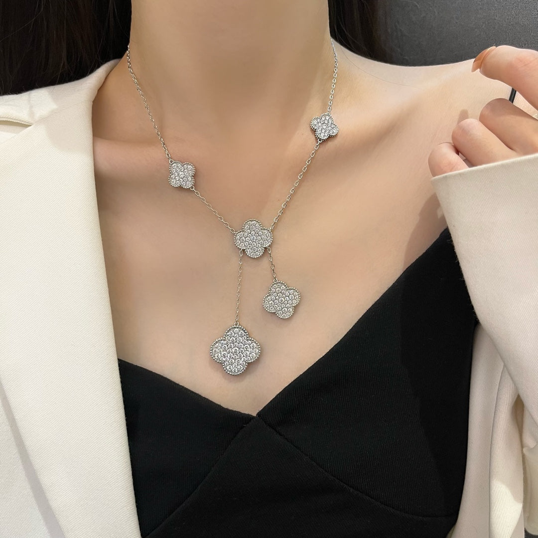 [AuraEcho Jewelry]CLOVER 5 MOTIFS SILVER DIAMONDS NECKLACE