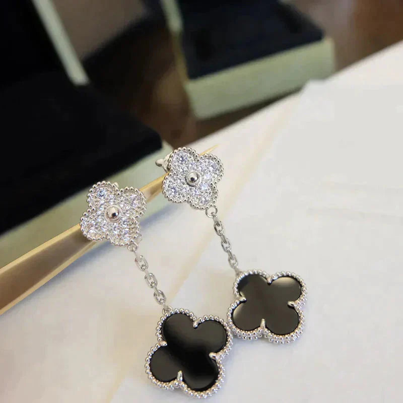 [AuraEcho Jewelry]CLOVER 2 MOTIFS  DIAMOND ONYX EARRINGS SILVER