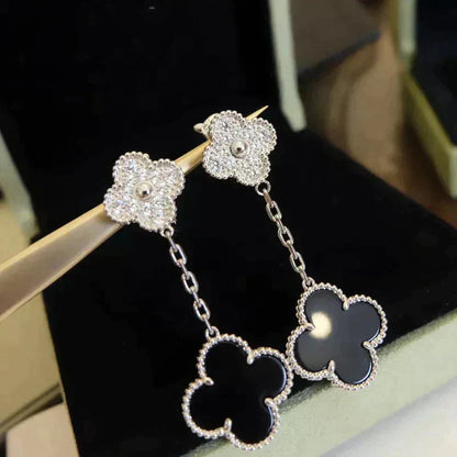 [AuraEcho Jewelry]CLOVER 2 MOTIFS  DIAMOND ONYX EARRINGS SILVER
