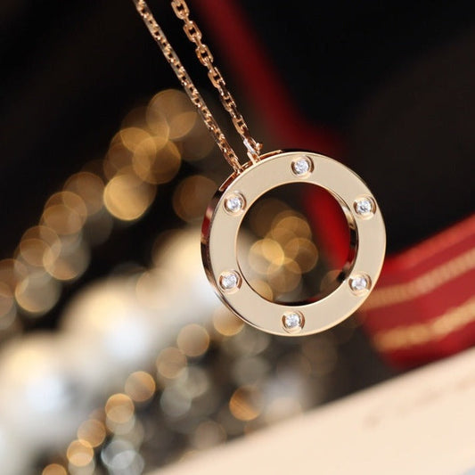 [AuraEcho Jewelry]LOVE NECKLACE 16MM 6 DIAMONDS PINK GOLD