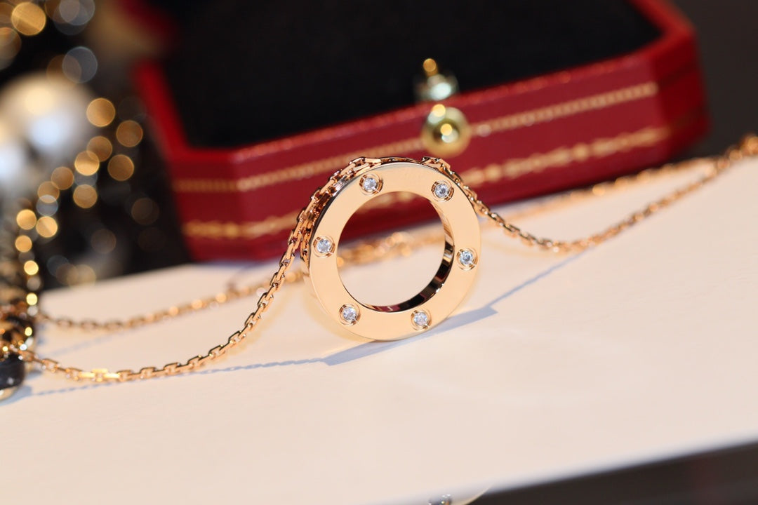 [AuraEcho Jewelry]LOVE NECKLACE 16MM 6 DIAMONDS PINK GOLD