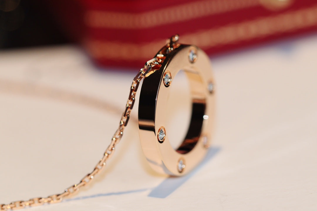[AuraEcho Jewelry]LOVE NECKLACE 16MM 6 DIAMONDS PINK GOLD