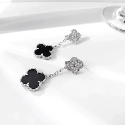 [AuraEcho Jewelry]CLOVER 2 MOTIFS  DIAMOND ONYX EARRINGS SILVER