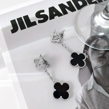 [AuraEcho Jewelry]CLOVER 2 MOTIFS  DIAMOND ONYX EARRINGS SILVER