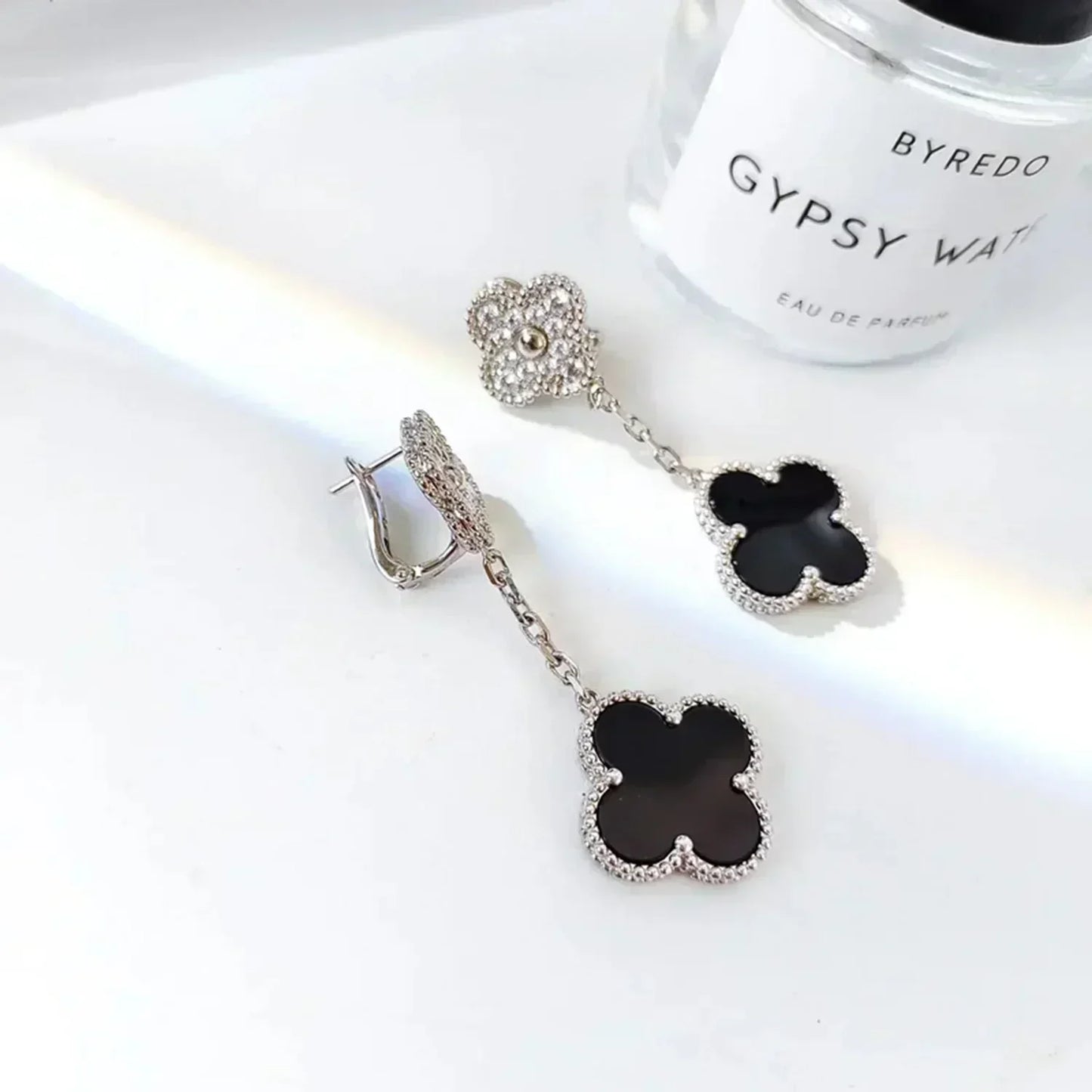 [AuraEcho Jewelry]CLOVER 2 MOTIFS  DIAMOND ONYX EARRINGS SILVER