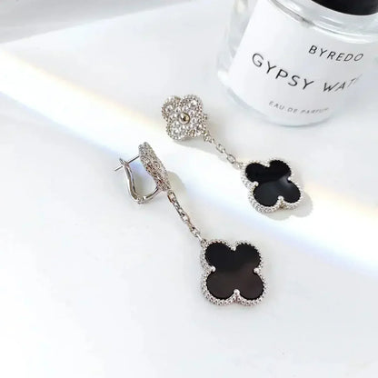 [AuraEcho Jewelry]CLOVER 2 MOTIFS  DIAMOND ONYX EARRINGS SILVER