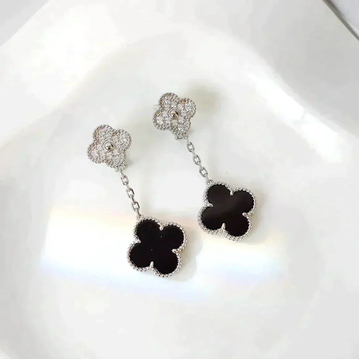 [AuraEcho Jewelry]CLOVER 2 MOTIFS  DIAMOND ONYX EARRINGS SILVER