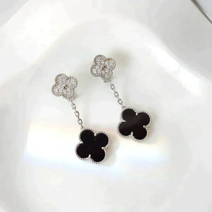 [AuraEcho Jewelry]CLOVER 2 MOTIFS  DIAMOND ONYX EARRINGS SILVER
