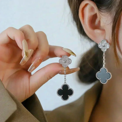 [AuraEcho Jewelry]CLOVER 2 MOTIFS  DIAMOND ONYX EARRINGS SILVER