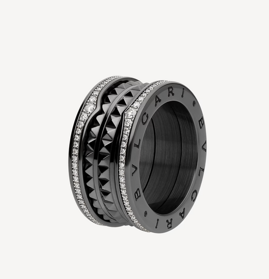[AuraEcho Jewelry]ZERO 1 ROCK FOUR-BAND BLACK CERAMIC WITH STUDDED SPIRAL AND PAVED DIAMONDS RING