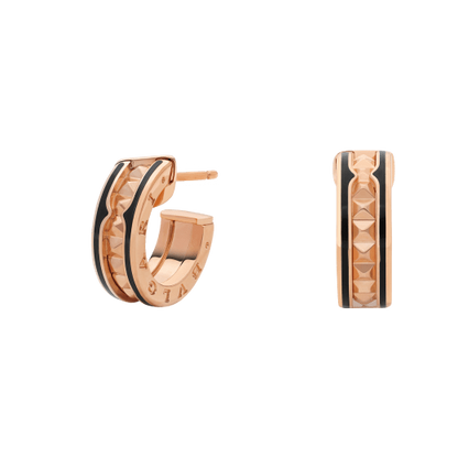 [AuraEcho Jewelry]ZERO 1 ROCK PINK GOLD EARRINGS WITH STUDDED SPIRAL AND BLACK CERAMIC