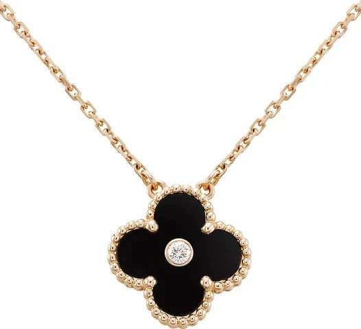 [AuraEcho Jewelry]CLOVER 15MM DIAMOND ONYX NECKLACE