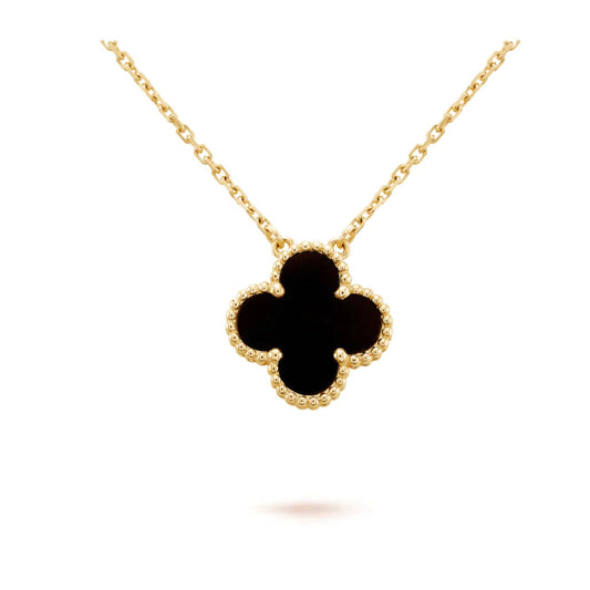 [AuraEcho Jewelry]CLOVER 15MM BLACK ONYX SINGLE FLOWER NECKLACE