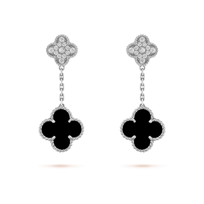 [AuraEcho Jewelry]CLOVER 2 MOTIFS  DIAMOND ONYX EARRINGS SILVER