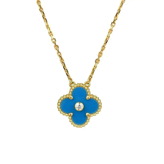 [AuraEcho Jewelry]CLOVER 15MM DIAMOND AND BLUE AGATE NECKLACE