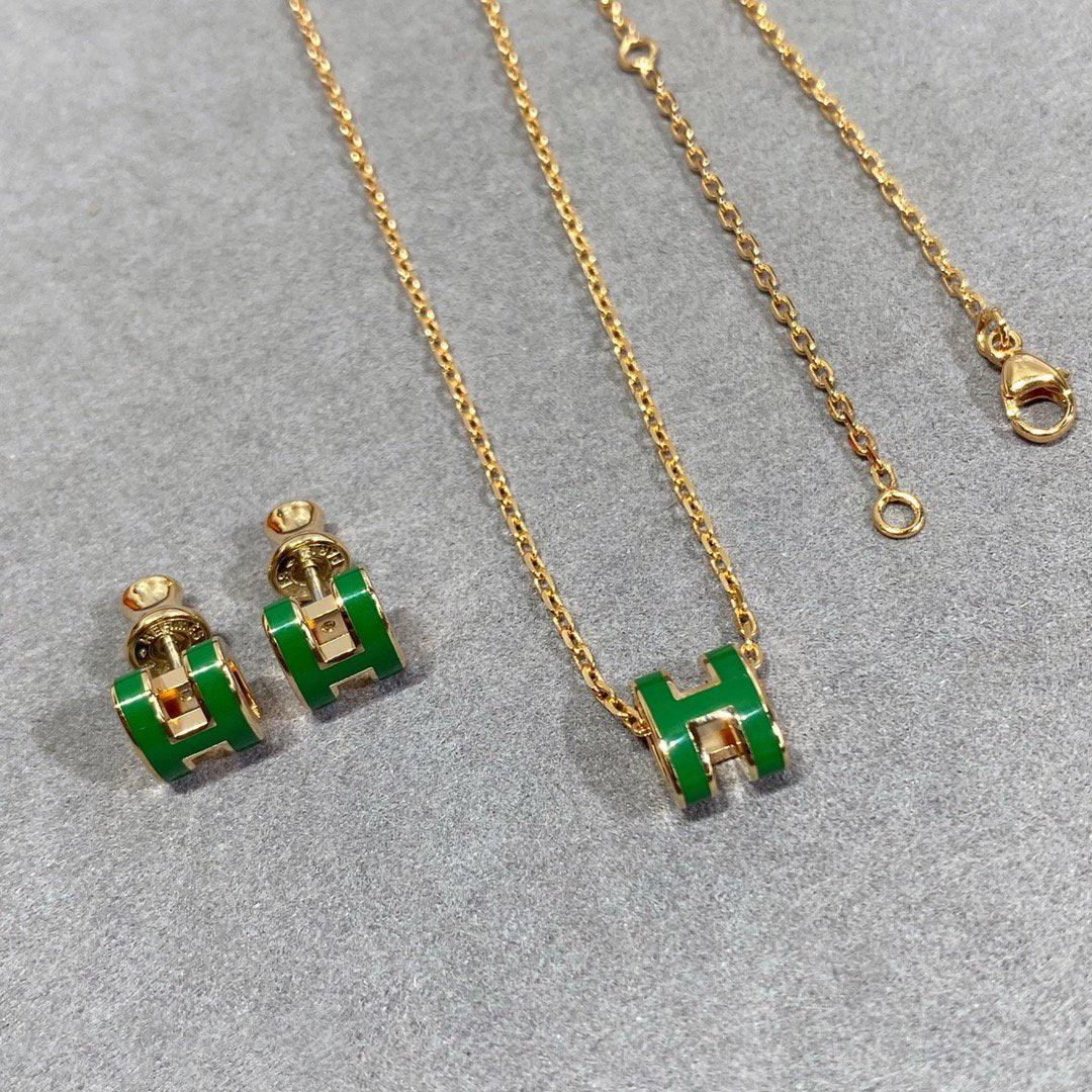 [AuraEcho Jewelry]POP H GREEN NECKLACE SILVER AND GOLD