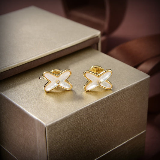 [AuraEcho Jewelry]JEUX DE WHITE MOP GOLD DIAMOND EARRINGS