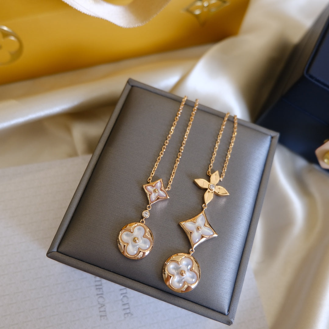 [AuraEcho Jewelry]COLOR BLOSSOM LARIAT NECKLACE PINK GOLD WHITE MOTHER PEARL AND DIAMOND