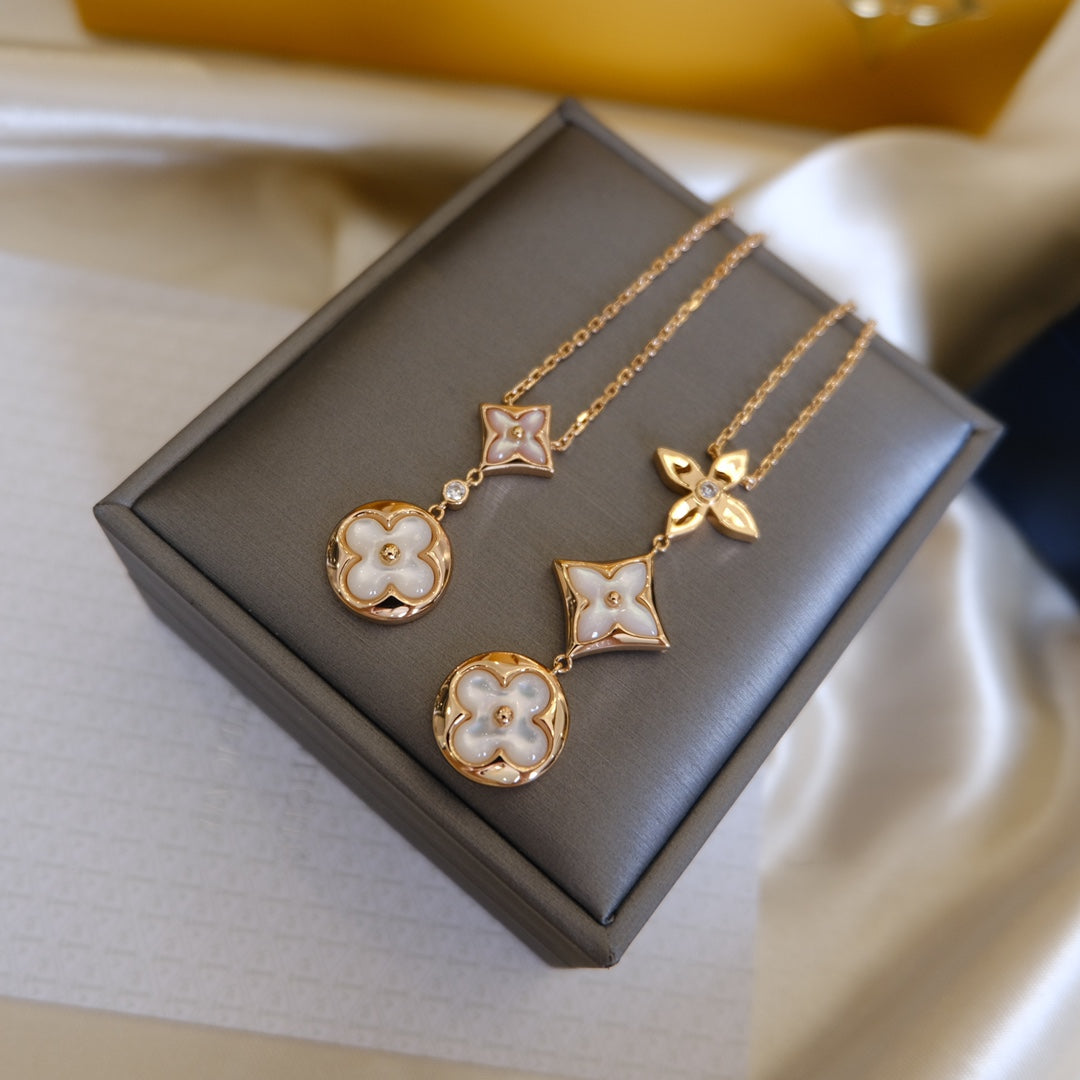 [AuraEcho Jewelry]COLOR BLOSSOM LARIAT NECKLACE PINK GOLD WHITE MOTHER PEARL AND DIAMOND