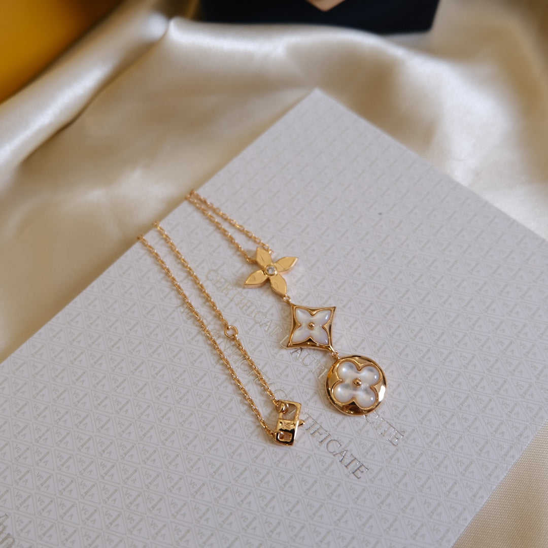 [AuraEcho Jewelry]COLOR BLOSSOM LARIAT NECKLACE PINK GOLD WHITE MOTHER PEARL AND DIAMOND