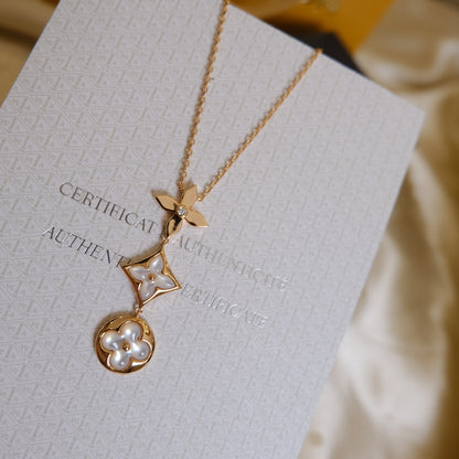 [AuraEcho Jewelry]COLOR BLOSSOM LARIAT NECKLACE PINK GOLD WHITE MOTHER PEARL AND DIAMOND