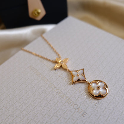 [AuraEcho Jewelry]COLOR BLOSSOM LARIAT NECKLACE PINK GOLD WHITE MOTHER PEARL AND DIAMOND