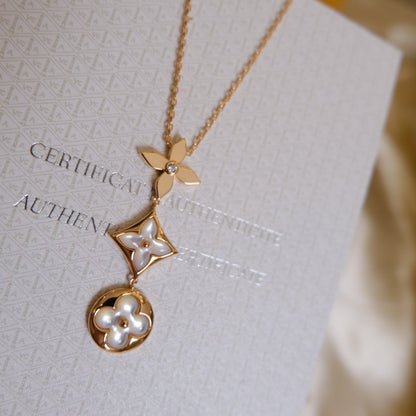 [AuraEcho Jewelry]COLOR BLOSSOM LARIAT NECKLACE PINK GOLD WHITE MOTHER PEARL AND DIAMOND