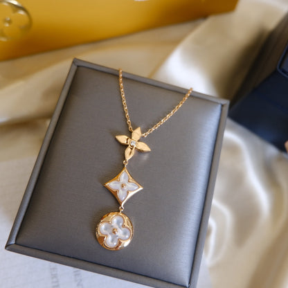 [AuraEcho Jewelry]COLOR BLOSSOM LARIAT NECKLACE PINK GOLD WHITE MOTHER PEARL AND DIAMOND