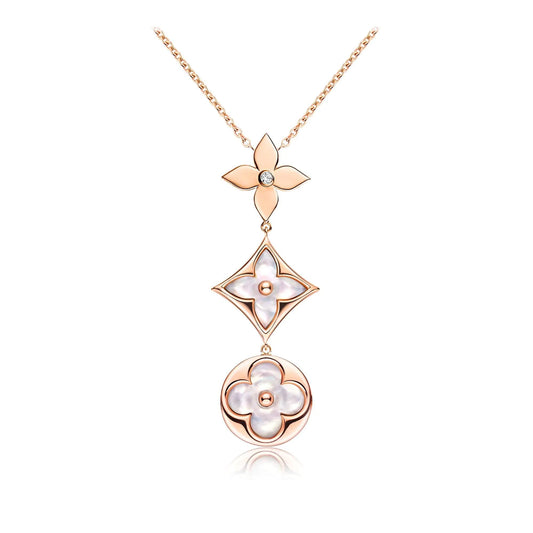 [AuraEcho Jewelry]COLOR BLOSSOM LARIAT NECKLACE PINK GOLD WHITE MOTHER PEARL AND DIAMOND