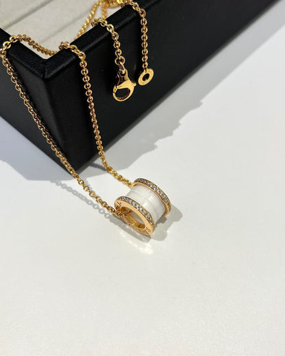 [AuraEcho Jewelry]ZERO 1 WHITE CERAMIC DIAMOND PINK GOLD NECKLACE